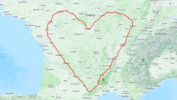Imagen de un coraz¨®n gigante que cuenta con el nuevo r¨¦cord Guinness de Strava Art tras una actividad realizada con GPS.