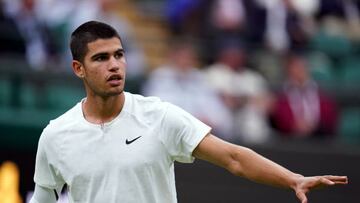 Carlos Alcaraz during his match against Jan-Lennard Struff on day one of the 2022 Wimbledon Championships at the All England Lawn Tennis and Croquet Club, Wimbledon. Picture date: Monday June 27, 2022. (Photo by John Walton/PA Images via Getty Images)