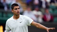 Carlos Alcaraz during his match against Jan-Lennard Struff on day one of the 2022 Wimbledon Championships at the All England Lawn Tennis and Croquet Club, Wimbledon. Picture date: Monday June 27, 2022. (Photo by John Walton/PA Images via Getty Images)