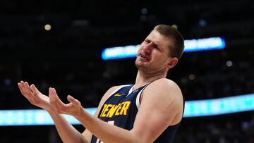 Apr 10, 2024; Denver, Colorado, USA; Denver Nuggets center Nikola Jokic (15) reacts in the second half against the Minnesota Timberwolves at Ball Arena. Mandatory Credit: Ron Chenoy-USA TODAY Sports