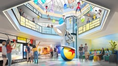 Disney’s Paradise Pier Hotel is being transformed into Pixar Place Hotel at Disneyland Resort in Anaheim, Calif., and this artist rendering shares a glimpse of the new Pixar Ball and Lamp sculpture and character mobile that will be in the lobby. When the hotel officially transforms into Pixar Place Hotel on Jan. 30, 2024, it will weave the artistry of Pixar into a comfortable, contemporary setting. (Artist Concept/Disneyland Resort)