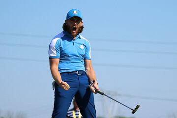 El golfista nacido en Southport, Tommy Fleetwood, celebrando para el equipo europeo.