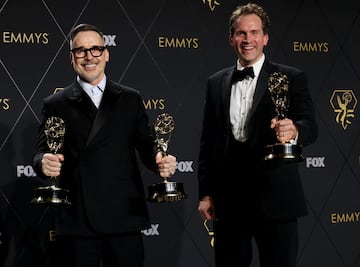 Ben Winston and Gabe Turner pose with the Variety Special (Live) award for "Elton John Live: Farewell From Dodger Stadium"