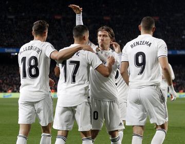 Los jugadores del Real Madrid celebrando el gol 0-1 de Lucas Vázquez