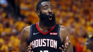 Houston Rockets guard James Harden (13) reacts after a foul in the second half during an NBA basketball game against the Utah Jazz Saturday, April 20, 2019, in Salt Lake City. (AP Photo/Rick Bowmer)