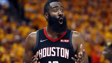 Houston Rockets guard James Harden (13) reacts after a foul in the second half during an NBA basketball game against the Utah Jazz Saturday, April 20, 2019, in Salt Lake City. (AP Photo/Rick Bowmer)