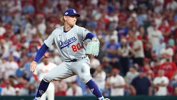 PHILADELPHIA, PENNSYLVANIA - OCTOBER 06: Emmet Sheehan #80 of the Los Angeles Dodgers pitches during the seventh inning against the Philadelphia Phillies in game two of the National League Division Series at Citizens Bank Park on October 06, 2025 in Philadelphia, Pennsylvania. Hunter Martin/Getty Images/AFP (Photo by Hunter Martin / GETTY IMAGES NORTH AMERICA / Getty Images via AFP)