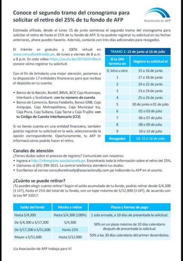 Retiro del 25% de AFP: link y cómo acceder al segundo cronograma