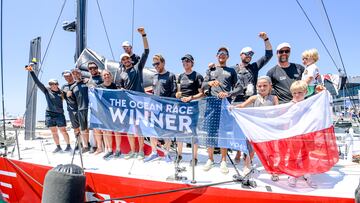 The Ocean Race VO65 Sprint Cup 2022-23 - 26 June 2023. WindWhisper Racing Team arriving in the first position to Genova, Genoa, Italy. Arrival : 26/06/2023 10:27:52 UTC, Race time : 10d 23h 17min 52s.