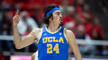 SALT LAKE CITY, UT - FEBRUARY 23: Jaime Jaquez Jr., #24 of the UCLA Bruins reacts after scoring a basket agianst the Utah Utes during the second half of their game at the Jon M Huntsman Center on February 23, 2023 in Salt Lake City, Utah.   Chris Gardner/Getty Images/AFP (Photo by CHRIS GARDNER / GETTY IMAGES NORTH AMERICA / Getty Images via AFP)