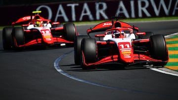 MELBOURNE, AUSTRALIA - MARCH 07: Sebastian Montoya of Colombia and PREMA Racing (11) leads Mari Boya of Spain and PREMA Racing (12) on track during the Round 1 Melbourne Sprint race of the Formula 2 Championship at Albert Park Circuit on March 07, 2026 in Melbourne, Australia. (Photo by James Sutton - Formula 1/Formula 1 via Getty Images)