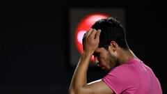 Spain's Carlos Alcaraz reacts during the ATP 500 Rio Open singles tennis final match against Britain's Cameron Norrie at the Jockey Club in Rio de Janeiro, Brazil, on February 25, 2023. (Photo by MAURO PIMENTEL / AFP)