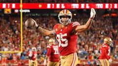 Jan 28, 2024; Santa Clara, California, USA; San Francisco 49ers tight end George Kittle (85) reacts after a play against the Detroit Lions during the second half of the NFC Championship football game at Levi's Stadium. Mandatory Credit: Kelley L Cox-USA TODAY Sports