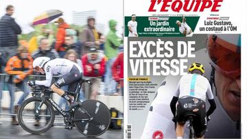 Geraint Thomas rueda durante la crono de Düsseldorf con el polémico maillot aerodinámico del Sky. La polémica es portada de la edición en papel del 3 de junio en L´Équipe.