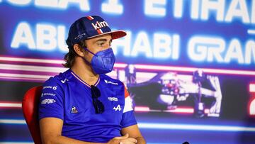 Alpine&#039;s Spanish driver Fernando Alonso gives a press conference ahead of the Abu Dhabi Formula One Grand Prix at the Yas Marina Circuit in the Emirati city of Abu Dhabi on December 9, 2021.