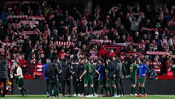 GRANADA, SPAIN - MARCH 05: Fans of Athletic de Bilbao and players of Athletic de Bilbao celebrate during Copa del Rey football match played between Granada CF and Athletic de Bilbao at Nuevo Los Carmenes stadium on March 05, 2020 in Granada, Spain.
0
