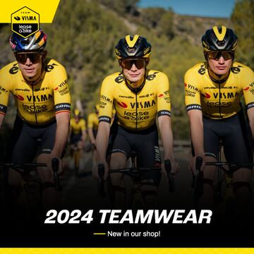 Renombrado como Visma-Lease a Bike, pero manteniendo su esencia y diseño de indumentaria habitual, en amarillo. La escuadra neerlandesa, pese a la salida de Roglic, continuará como referencia del World Tour con el liderazgo de Vingegaard y Van Aert. Buenos fichajes, con Uijtdebroeks y Jorgenson.