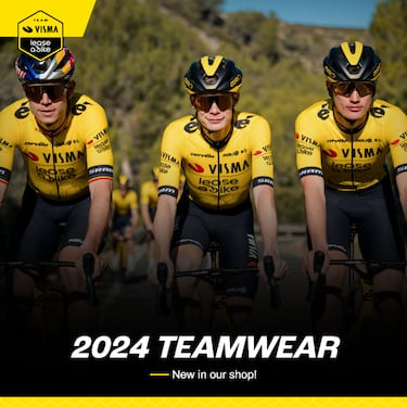 Renombrado como Visma-Lease a Bike, pero manteniendo su esencia y diseño de indumentaria habitual, en amarillo. La escuadra neerlandesa, pese a la salida de Roglic, continuará como referencia del World Tour con el liderazgo de Vingegaard y Van Aert. Buenos fichajes, con Uijtdebroeks y Jorgenson.
