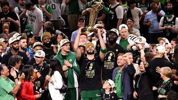 FILE PHOTO: Jun 17, 2024; Boston, Massachusetts, USA; Boston Celtics forward Jayson Tatum (0) holds up the Larry O'Brien Championship Trophy after the Celtics beat the Dallas Mavericks in game five of the 2024 NBA Finals at the TD Garden. Mandatory Credit: Brian Fluharty-USA TODAY Sports/File Photo