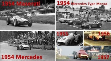 Fangio corrió la temporada de 1954 con dos escuderías diferentes: Maserati, con el 250F y Mercedes, con el W196 y su variante 'Type Monza' con carrocería aerodinámica utilizada en las pistas rápidas de Reims y Monza. Con Mercedes certificaría tanto el campeonato de ese año como el del año siguiente. En 1956, Mercedes-Benz se retiró de la F1, por lo que Fangio firmó contrato con Ferrari, ganando el campeonato con el D50. Conseguiría su cuarto título consecutivo en 1957. La carrera de Nurburgring (en la imagen) fue considerada una de las mejores de su vida ya que batió a Ferrari, su anterior equipo, en la última vuelta logrando así su quinto y último título mundial a los mandos del Maserati 250F.