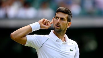 El tenista serbio Novak Djokovic reacciona durante su partido ante Jannik Sinner en Wimbledon.