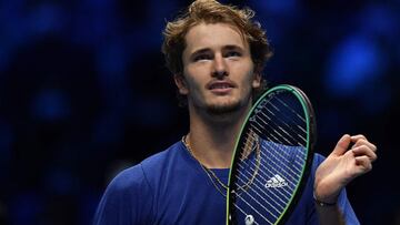 Germany&#039;s Alexander Zverev celebrates after defeating Poland&#039;s Hubert Hurkacz during their first round singles match of the ATP Finals at the Pala Alpitour venue in Turin on November 18, 2021. (Photo by Marco BERTORELLO / AFP)