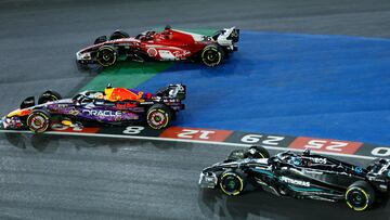 Verstappen, Leclerc y Russell, en Las Vegas 2023.