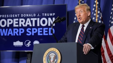 Donald Trump delivers a speech during a tour of the Fujifilm Diosynth Biotechnologies&#039; Innovation Center, where components for a potential coronavirus disease vaccine candidate are being developed. 