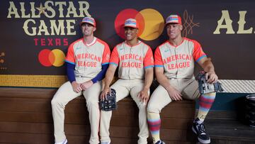 ARLINGTON, TEXAS - JULY 16: (L-R) Clay Holmes #35, Juan Soto #22, and Aaron Judge #99 of the New York Yankees pose for a photo in the dugout prior to the 94th MLB All-Star Game presented by Mastercard at Globe Life Field on July 16, 2024 in Arlington, Texas. Richard Rodriguez/Getty Images/AFP (Photo by Richard Rodriguez / GETTY IMAGES NORTH AMERICA / Getty Images via AFP)