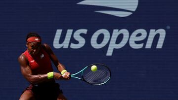 Sep 5, 2023; Flushing, NY, USA; Coco Gauff of the United States hits a backhand against Jelena Ostapenko of Latvia (not pictured) on day nine of the 2023 U.S. Open tennis tournament at USTA Billie Jean King National Tennis Center. Mandatory Credit: Geoff Burke-USA TODAY Sports