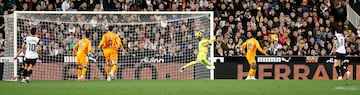 1-0. Contraataque del Valencia. Foulquier, en el rea del conjunto madridista, da un pase atrs a Javi Guerra que dispara a bocajarro y Thibaut Courtois despeja como puede. Hugo Duro, en el rechace, marca a placer el primer tanto.