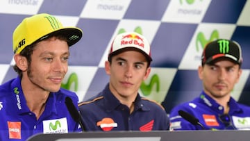 Valentino Rossi, Marc Márquez y Jorge Lorenzo en la rueda de prensa de MotorLand.