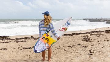 Caroline Marks checks the surf while filming for No Contest: Off Tour Season 3 in Florida, United States on November 5, 2024.