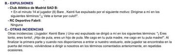 Acta arbitral donde se recoge los insultos de Keidi.