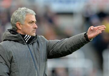Jose Mourinho, Manager of Manchester United gives his team instructions during the Premier League match between Newcastle United and Manchester United.