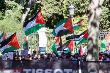 Cientos de personas protestan por la situación de Palestina en el Paseo de la Castellana, durante la última etapa de la Vuelta.