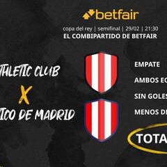 Athletic Club de Bilbao vs. Atlético de Madrid: Combipartido de Betfair a cuota 15.5