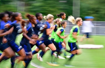 Players of France's national soccer team take part in a training session ahead of the UEFA Women's Euro 2017 football tournament in Zwijndrecht on July 15, 2017.