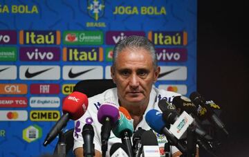 Brazil's manager Tite speaks during a press conference for the Brazil national soccer