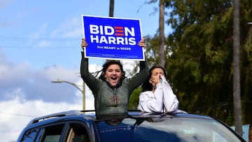 Young supporters cheer from their car holding a Biden-Harris placard as people take to the streets in Los Angeles on November 7, 2020 to celebrate Joe Biden and the Democratic Party&#039;s victory in the 2020 US presidential elections.