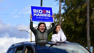 Young supporters cheer from their car holding a Biden-Harris placard as people take to the streets in Los Angeles on November 7, 2020 to celebrate Joe Biden and the Democratic Party&#039;s victory in the 2020 US presidential elections.