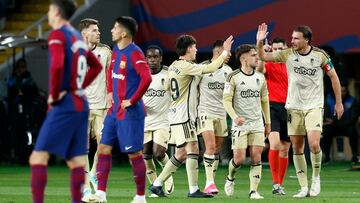 Soccer Football - LaLiga - FC Barcelona v Granada - Estadi Olimpic Lluis Companys, Barcelona, Spain - February 11, 2024 Granada players celebrate after Ricard Sanchez scores their first goal REUTERS/Albert Gea