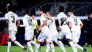 Eduardo Camavinga of Real Madrid Cf celebrating his goal with his teammates during the Quarter Final King's Cup match between Real Madrid and Atletico Madrid at Estadio Santiago Bernabeu on January 26, 2023 in Madrid, Spain. (Photo by Alvaro Medranda/Icon Sport via Getty Images)
