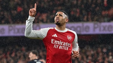 Arsenal's Brazilian striker #09 Gabriel Jesus celebrates after scoring the team's fourth goal during the English FA Cup fourth round football match between Arsenal and Wigan Athletic at the Emirates Stadium in London on February 15, 2026. (Photo by Glyn KIRK / AFP) / RESTRICTED TO EDITORIAL USE. No use with unauthorized audio, video, data, fixture lists, club/league logos or 'live' services. Online in-match use limited to 120 images. An additional 40 images may be used in extra time. No video emulation. Social media in-match use limited to 120 images. An additional 40 images may be used in extra time. No use in betting publications, games or single club/league/player publications. /