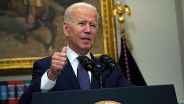 El presidente de los Estados Unidos, Joe Biden, habla durante una actualizaci&oacute;n sobre la situaci&oacute;n en Afganist&aacute;n y los efectos de la tormenta tropical Henri en la Sala Roosevelt de la Casa Blanca en Washington, DC el 22 de agosto de 2021. 