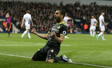 Chelsea's Cesc Fabregas celebrates after teammate Michy Batshuayi scored the 1-0 lead against West Brom.