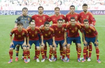 Equipación de la Selección Española entre 2011 y 2012. Fotografía correspondiente a la Eurocopa de 2012 en Ucrania, en el partido contra Italia.