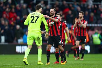 Steve Cook and Asmir Begovic of AFC Bournemouth embrace after the Premier League win over Arsenal at Vitality Stadium.