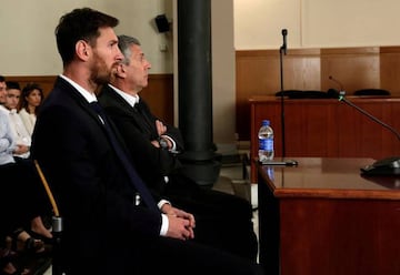 Lionel Messi (L) sits in court with his father Jorge Horacio Messi during their trial for tax fraud in Barcelona, Spain, June 2, 2016.