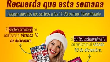 Mira c&oacute;mo y d&oacute;nde ver el sorteo extraordinario de la Loter&iacute;a de Medell&iacute;n en Colombia. Se podr&aacute; ver en vivo el s&aacute;bado 19 de diciembre desde las 11:00 p.m.